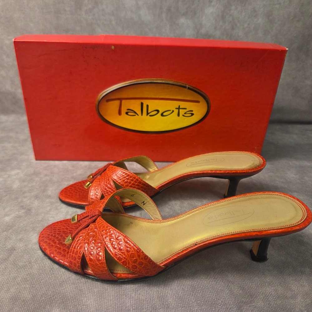 Talbots WHOOPI3 Tomato Red Croc Embossed Kitten Heel Slide Sandals Womens 6 N